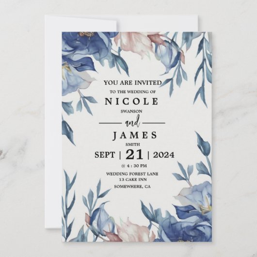 Invitation Fleurs bleues aquarelle douce (Devant)