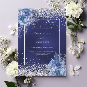 Invitation Fleurs bleues argent 25e anniversaire mariage