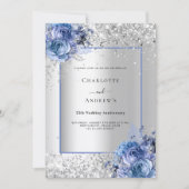 Invitation Fleurs bleues argentées 25e anniversaire de mariag (Devant)
