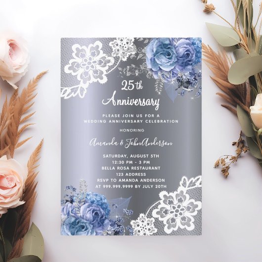 Invitation Fleurs bleues argentées dentelle 25e anniversaire