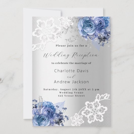 Invitation Fleurs bleues argentées dentelle réception de mari (Devant)