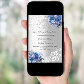 Invitation Fleurs bleues argentées dentelle réception de mari