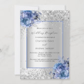 Invitation Fleurs bleues argentées réception de mariage (Devant)