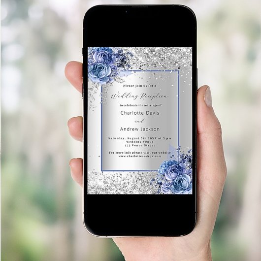 Invitation Fleurs bleues argentées réception de mariage de lu