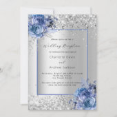 Invitation Fleurs bleues argentées réception de mariage de lu (Devant)