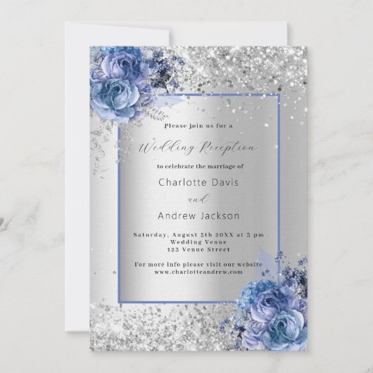 Invitation Fleurs bleues argentées réception de mariage de lu (Devant)