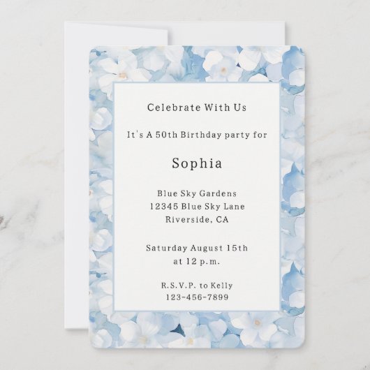 Invitation Fleurs Bleues Blanches Santorin Anniversaire (Devant)