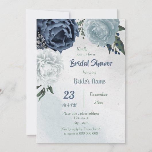 Invitation fleurs bleues blanches verdure douche nuptiale (Devant)