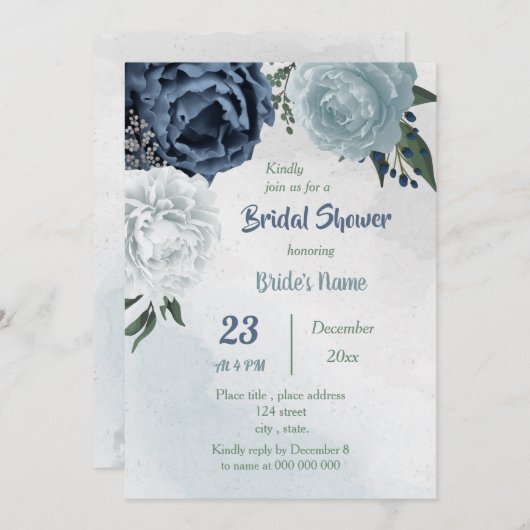 Invitation fleurs bleues blanches verdure douche nuptiale (Devant / Derrière)