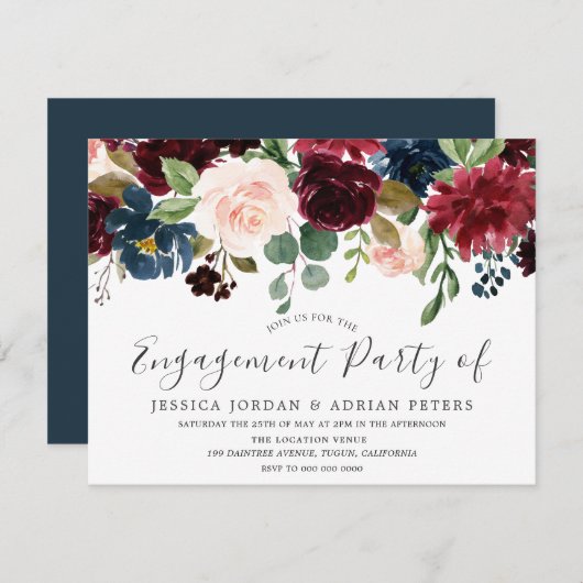 Invitation Fleurs bleues bourguignonnes modernes Partie d'eng (Devant / Derrière)