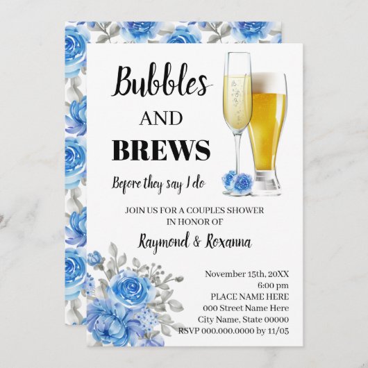 Invitation Fleurs Bleues Bubble & Brews Couples Douche (Devant / Derrière)