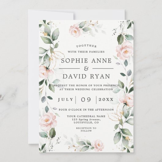 Invitation Fleurs Bleues Charme Feuilles Or Tous en un Mariag (Devant)