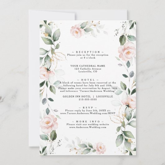 Invitation Fleurs Bleues Charme Feuilles Or Tous en un Mariag (Dos)