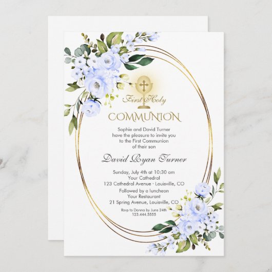 Invitation Fleurs Bleues Charme Garçon Or Première Communion  (Devant / Derrière)