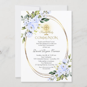 Invitation Fleurs Bleues Charme Garçon Or Première Communion