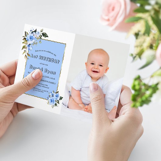 Invitation Fleurs Bleues Charming Photo Boy 1er anniversaire