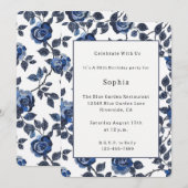Invitation Fleurs Bleues Chic Anniversaire (Devant / Derrière)