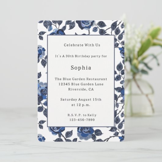 Invitation Fleurs Bleues Chic Anniversaire (Debout devant)