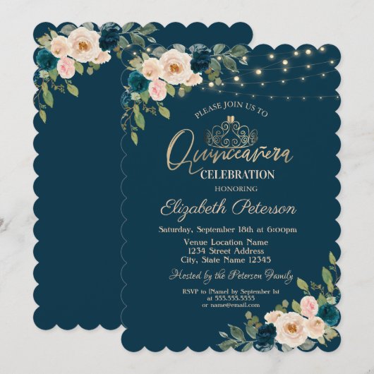 Invitation Fleurs Bleues Chic Lights Quinceañera (Devant / Derrière)