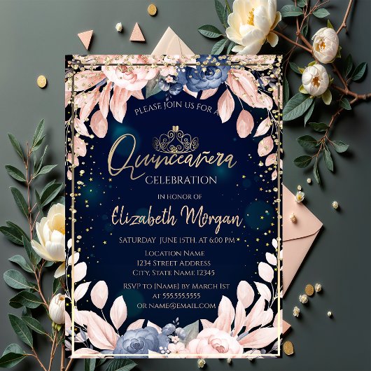 Invitation Fleurs Bleues Chic Or Tiara, Diamonds Quinceañera