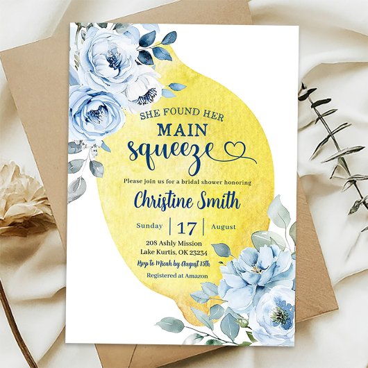 Invitation Fleurs Bleues Citron Main Squeeze Mariage