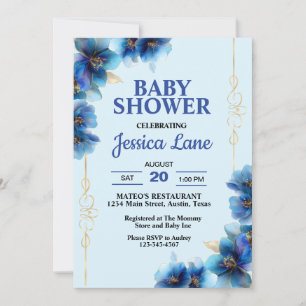 Invitation Fleurs Bleues Clair Garçon Baby Shower
