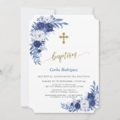Invitation Fleurs Bleues Classiques Modernes Croix Boy Baptêm (Devant)