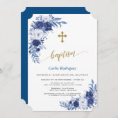 Invitation Fleurs Bleues Classiques Modernes Croix Boy Baptêm (Devant / Derrière)