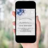 Invitation Fleurs bleues de fête d'anniversaire paillettes ar