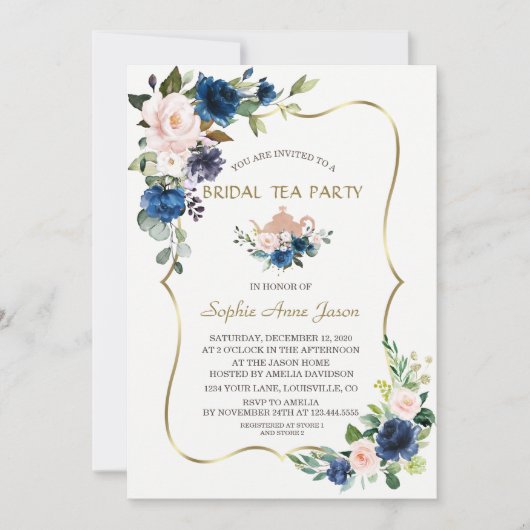 Invitation Fleurs Bleues de la Marine Rose Gold Bridal Tea Pa (Devant)