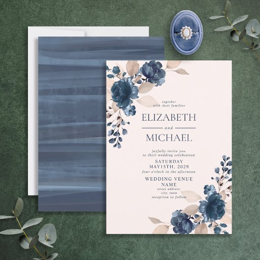 Invitation Fleurs bleues de la marine rose poussiéreuse Maria