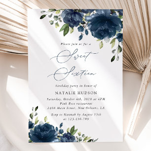Invitation Fleurs bleues de la Marine, Vert, Boho, Sweet 16