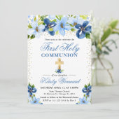 Invitation Fleurs Bleues d'Été Première Sainte Communion (Debout devant)