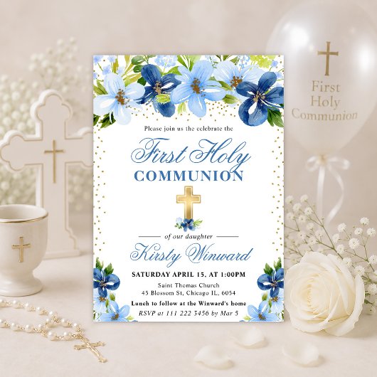 Invitation Fleurs Bleues d'Été Première Sainte Communion