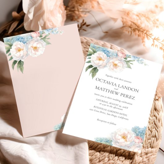 Invitation Fleurs bleues douces et roses classique Botanique