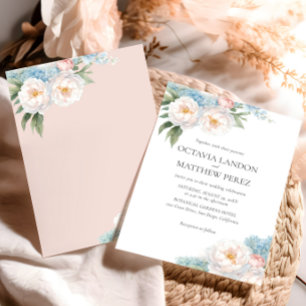Invitation Fleurs bleues douces et roses classique Botanique