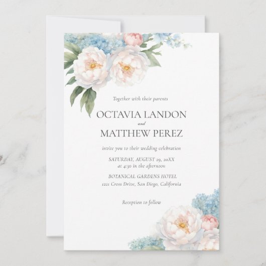 Invitation Fleurs bleues douces et roses classique QR CODE RS (Devant)
