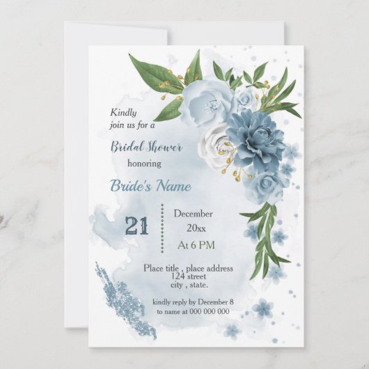 Invitation fleurs bleues & douches feuilles vertes (Devant)