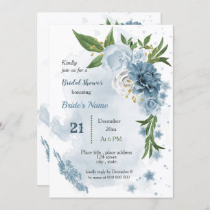 Invitation fleurs bleues & douches feuilles vertes