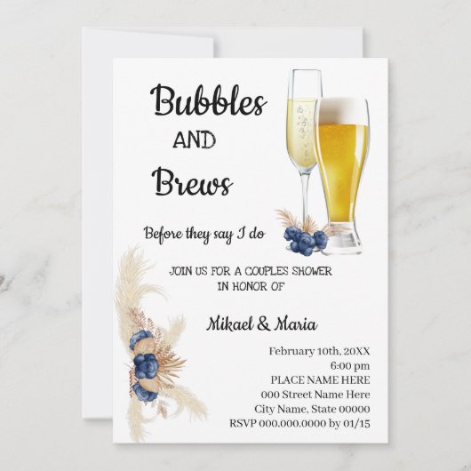 Invitation Fleurs bleues Dusty Bubble & Brews Couples Douche (Devant)