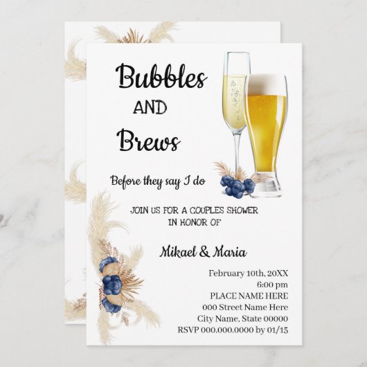 Invitation Fleurs bleues Dusty Bubble & Brews Couples Douche (Devant / Derrière)