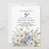 Invitation Fleurs bleues Dusty Marguerites blanches 5e annive (Devant)