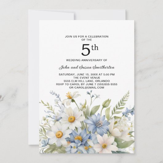 Invitation Fleurs bleues Dusty Marguerites blanches 5e annive (Devant)