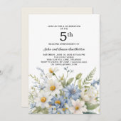 Invitation Fleurs bleues Dusty Marguerites blanches 5e annive (Devant / Derrière)