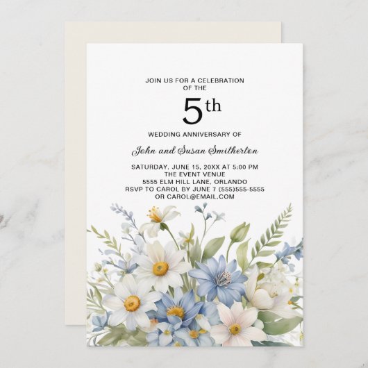 Invitation Fleurs bleues Dusty Marguerites blanches 5e annive (Devant / Derrière)