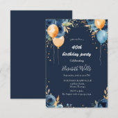 Invitation Fleurs Bleues Élégantes Orange Ballons Anniversair (Devant / Derrière)