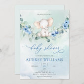 Invitation Fleurs bleues Eléphantes mignonnes (Devant / Derrière)