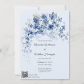 Invitation Fleurs bleues en cascade Mariage QR Code (Devant)