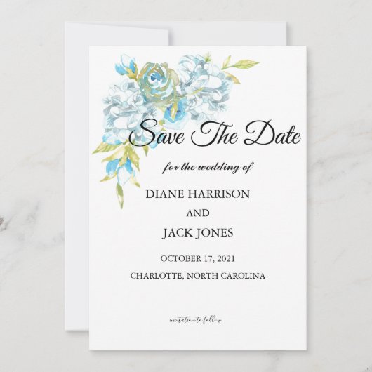 Invitation Fleurs Bleues Enregistrer Le Mariage Date (Devant)