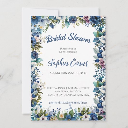 Invitation Fleurs Bleues et Blanches Fête de Mariage Blanche (Devant)
